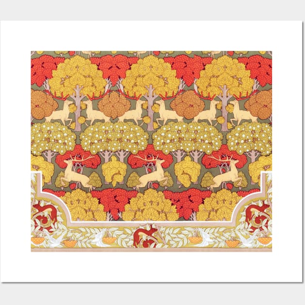 Deer and Trees,Squirrel,Doves and Rowan Red Yellow Art Nouveau Floral Wall Art by BulganLumini